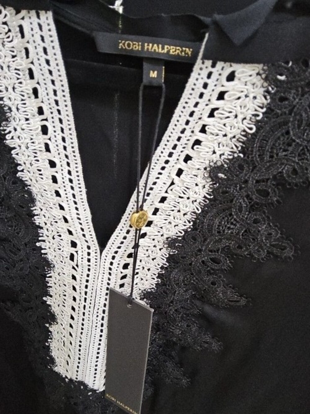 Kobi Halperin Black Top with White Crochet V-Insert - Picture 2 of 2